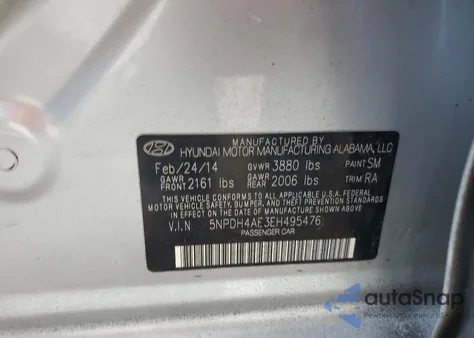 2014 Hyundai Elantra Se from USA, damaged, VIN 5NPDH4AE3EH495476